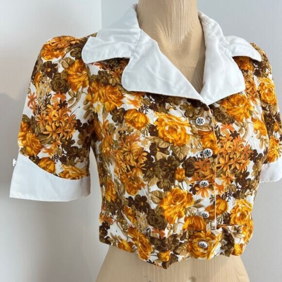VTG Handmade Women Small Brown White Floral Collared Babydoll Cropped Top Blouse - Picture 2 of 14